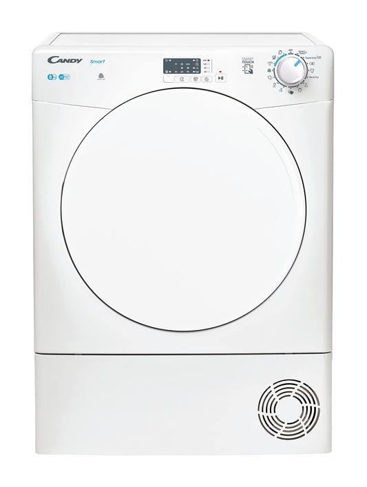 Candy Smart CSE C8LF-S, Secadora Condensación, 8KG, Bomba Calor, Digital y Mandos, Tecnología NFC, 14 Ciclos, Depósito Condensación Zócalo, Planchado Fácil, Inicio 3-6-9H, Instalación Columna, Blanco